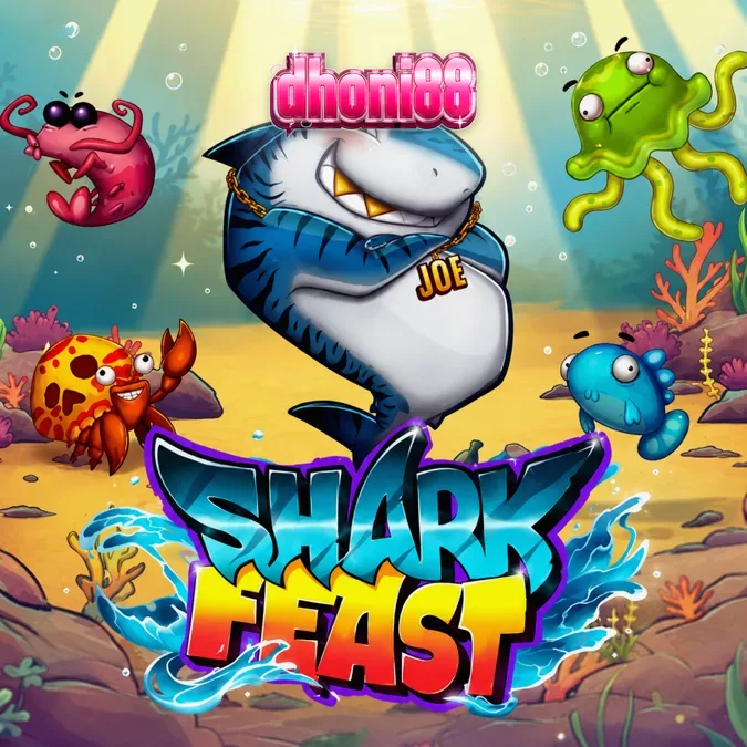 Shark Feast slot game interface featuring cartoonish underwater party theme